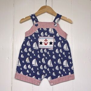 SHRIMP & GRITS EUC Boys Smocked Nautical Sailor Romper